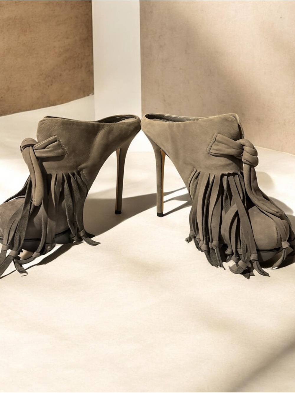 Fringed Taupe High Heel Knot-Accent Mule - Picture 2 of 8